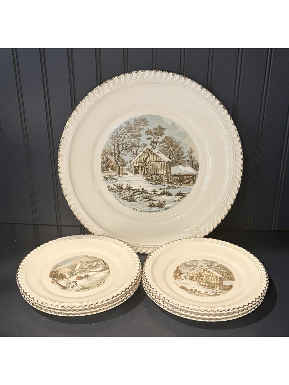 Vintage Harkerware Currier & Ives Winter Scene Cake Plate & 6 Dessert Plates GUC